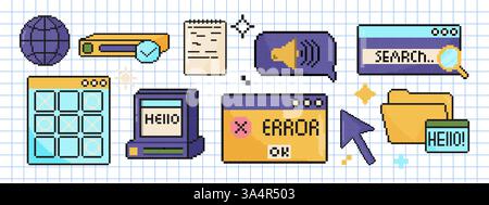 Finestre del computer Y2K impostate. Oggetti pixel art in stile 8 bit. Grafica di videogiochi anni '80, '90 Illustrazione Vettoriale