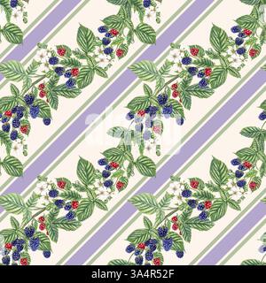 Mora con fiori, bacche rosse e nere, foglie verdi motivo diagonale senza cuciture su strisce verdi viola, sfondo beige. Bramble acquerello Foto Stock