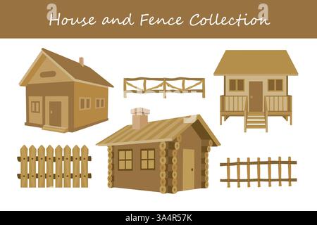 collezione di case e recinzioni in stile diverso. Illustrazione vettoriale. Illustrazione Vettoriale
