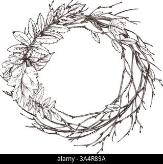 Foglie autunnali di rowan, acero, betulla, rami di alberi e coccinelle. Per decorare l'estate, l'autunno, il raccolto. Grafica grafica disegnata a mano con inchiostro nero Illustrazione Vettoriale