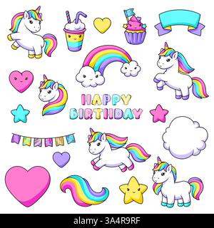 Unicorni e oggetti da festa. Buon compleanno con oggetti decorativi. Illustrazione Vettoriale