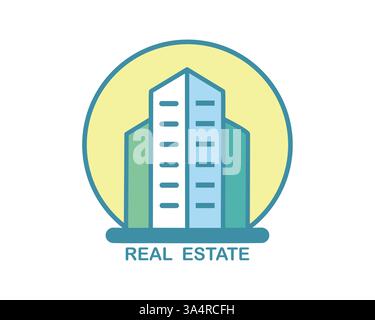 Logo Real Estate, design dell'edificio modello vettoriale per il concetto di segno disegnato a mano, icona circolare colorata e piatta, isolata su sfondo bianco Illustrazione Vettoriale
