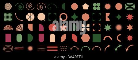 Icona del gruppo geometrico astratto. Collezione di forme moderne, spirali, frecce ed elementi di design in tonalità terrose di verde, rosso e pesca su un bac nero Illustrazione Vettoriale