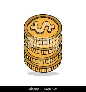 Monete d'oro. Set di icone del denaro. Valuta del dollaro in contanti. Moneta d'oro da un dollaro realistico. Profitti, investimenti e risparmi finanziari Illustrazione Vettoriale