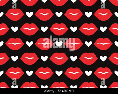 Motivo senza cuciture con labbra rosse e cuori bianchi su sfondo nero. Design piatto, divertente e romantico, colori vivaci. Perfetto per progetti di San Valentino, stampe alla moda, carta da imballaggio, tessuti Illustrazione Vettoriale