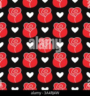 Motivo senza cuciture con rose rosse e cuori bianchi su sfondo nero. Design piatto, divertente e romantico, colori vivaci. Perfetto per progetti di San Valentino, stampe alla moda, carta da imballaggio, tessuti Illustrazione Vettoriale