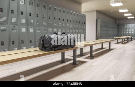 Borsa sportiva appoggiata sulla panchina in spogliatoio vuoto sfondo 3d. Foto Stock