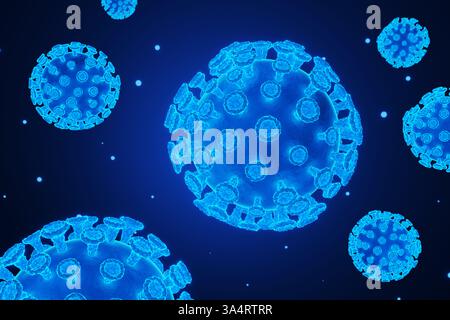 Virus blu brillante al neon che galleggia a mezz'aria su sfondo nero. Illustrazione del concetto di batteri, malattie, pandemie e igiene Foto Stock