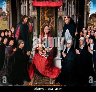 Virgin and Child Between St James and St Dominic 1485-1490 for Jacques Floreins, un mercante di spezie a Bruges Hans Memling French, Louvre France fine Art Museum Paris. Hans Memling (1430–1494) è stato un pittore fiammingo della prima tradizione olandese, noto per le sue opere religiose e i ritratti rivoluzionari della classe mercantile emergente, che ha portato la sua reputazione internazionale e influenza in Italia. Fu un artista di successo che fu tra i cittadini più ricchi della città di Bruges alla sua morte Foto Stock