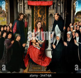 Virgin and Child Between St James and St Dominic 1485-1490 for Jacques Floreins, un mercante di spezie a Bruges Hans Memling French, Louvre France fine Art Museum Paris. Hans Memling (1430–1494) è stato un pittore fiammingo della prima tradizione olandese, noto per le sue opere religiose e i ritratti rivoluzionari della classe mercantile emergente, che ha portato la sua reputazione internazionale e influenza in Italia. Fu un artista di successo che fu tra i cittadini più ricchi della città di Bruges alla sua morte Foto Stock