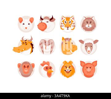 Collezione di animali da cartone animato oroscopo cinese. Illustrazione vettoriale Illustrazione Vettoriale