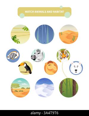 Foglio di lavoro con gioco educativo Match Kids. Abbinare animali e habitat. Illustrazione vettoriale Illustrazione Vettoriale