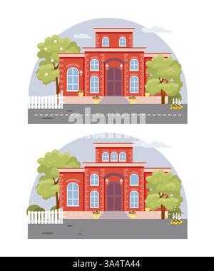 Trovate dieci differenze nel paesaggio. Tessera per il gioco educativo per bambini. Illustrazione vettoriale Illustrazione Vettoriale