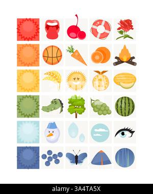 Scheda per studiare il rosso, l'arancione, il giallo, il verde, il blu. Gioco educativo per bambini illustrazione vettoriale Illustrazione Vettoriale