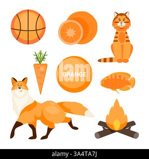 Scheda di apprendimento arancione. Set di oggetti arancioni. Gioco educativo per bambini. Illustrazione vettoriale Illustrazione Vettoriale