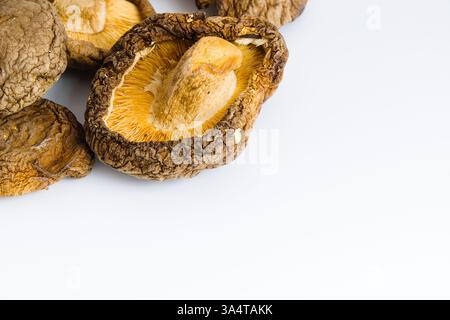 Su uno sfondo bianco incontaminato, i funghi shiitake essiccati sono esposti in una disposizione artistica, con le loro consistenze ruvide e i toni umami profondi che offrono Foto Stock
