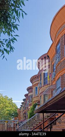 Una fila di case di due famiglie in mattoni e terracotta sulla 58th Street a Sunset Park, Brooklyn, con caratteristiche facciate bulbose e alte cime. Foto Stock