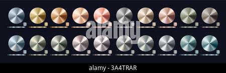 Gradiente metallico realistico con texture spazzolate in varie tonalità di oro, argento, bronzo, acciaio. Superfici lucide lucide per branding, design Illustrazione Vettoriale