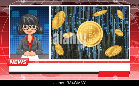 Illustrazione vettoriale di un'ancora di notizie che parla di criptovaluta, con monete digitali e un background a tema tecnologico Illustrazione Vettoriale