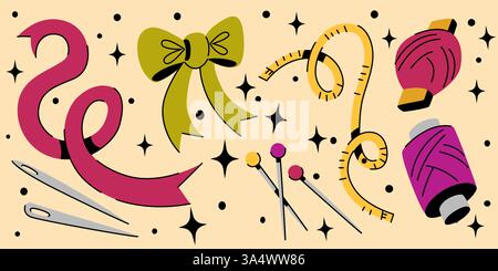 Attrezzatura sartoriale vintage su sfondo giallo. Illustrazione vettoriale di aghi e perni da cucire, filetto, metro a nastro, arco a nastro colorato, produzione di abbigliamento, design retrò Illustrazione Vettoriale