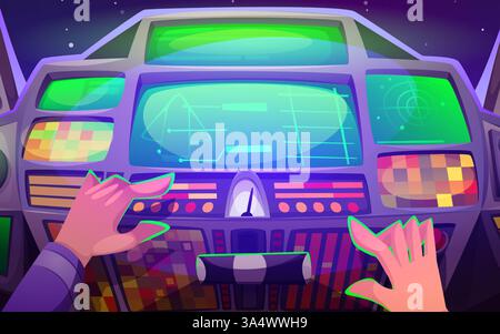 Comandi avveniristici per la cabina di pilotaggio delle astronavi: Pilota che guida veicoli spaziali fantascientifici con cruscotto illuminato al neon con schermi olografici e indicatori. Vista in prima persona dalla cabina del capitano, viaggio nello spazio Illustrazione Vettoriale