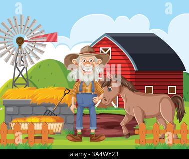 Agricoltore sorridente in piedi con cavallo vicino al fienile e al mulino a vento nell'azienda agricola Illustrazione Vettoriale