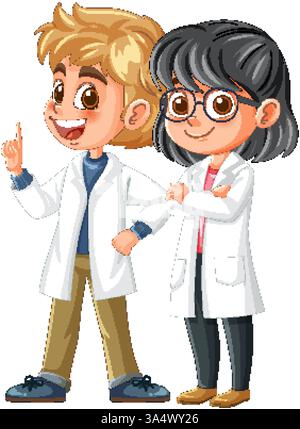 Due bambini in camice da laboratorio, sorridono con fiducia Illustrazione Vettoriale
