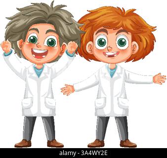 Due scienziati dei cartoni animati che festeggiano in camici da laboratorio Illustrazione Vettoriale