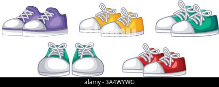Vivace illustrazione vettoriale di sneakers cartoni animati in vari colori. Composizione semplice con contorni audaci e colori piatti Illustrazione Vettoriale