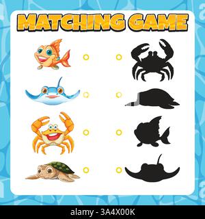 Divertente gioco di abbinamento con animali marini per bambini Illustrazione Vettoriale