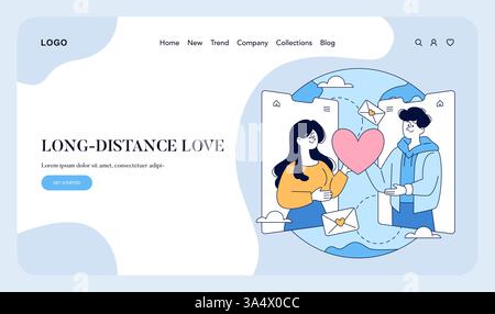 Concetto di amore a lunga distanza. Illustra una coppia che comunica attraverso gli schermi digitali tenendo in mano un cuore e delle buste. Cattura l'emozione della connessione nonostante la separazione fisica. Illustrazione vettoriale. Illustrazione Vettoriale