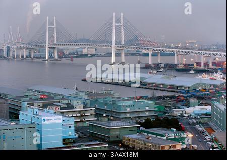 Vista aerea del ponte della baia di Yokohama e dell'area portuale industriale di Yokohama e dei moli del porto, Yokohama, Kanagawa, Giappone. Foto Stock