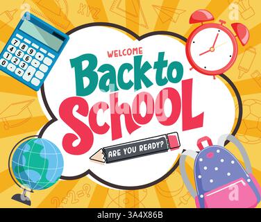 Modello clipart di saluto Back to School. Bentornati al testo scolastico in nuvole disegnando con calcolatrice, orologio, globo e oggetti didattici in borsa Illustrazione Vettoriale