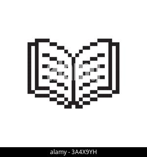 Icona pixel book. Simbolo di lettura bloccato. Forma aperta retrò. Grafica della libreria vettoriale. Illustrazione Vettoriale