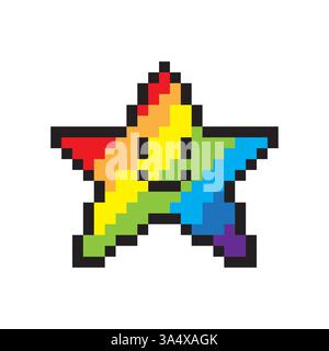 Pixel stella arcobaleno. Bella faccia felice. Icona vettoriale colorata. Forma eccentrica retrò. Illustrazione Vettoriale