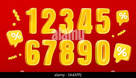 Numeri gialli, simboli volumetrici, serie di numeri in vendita. Vettore Illustrazione Vettoriale