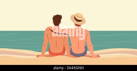 concetto estivo, due uomini seduti insieme sulla spiaggia, amicizia coppia amore romanticismo. striscione vacanza per hotel resort , promozione saldi Foto Stock