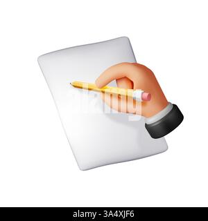 pagina di carta bianca 3d e mano con matita isolata. Rendere foglio di carta e matita con la gomma. Documento vuoto, posta, note o lettere simulate Illustrazione Vettoriale