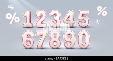 Numeri bianchi, simboli volumetrici, serie di numeri in vendita. Vettore Illustrazione Vettoriale