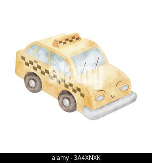 Taxi giallo. Illustrazione acquerello trasporto retrò per bambini con occhi per bambini. Disegnato a mano in stile vintage, isolato sullo sfondo per il design Foto Stock