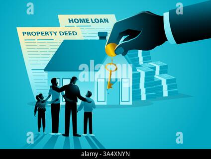 Famiglia felice che riceve una chiave d'oro da una mano gigante. Lo sfondo include documenti di proprietà e di prestito per la casa, il processo di acquisto di una casa. Illustrazione Vettoriale