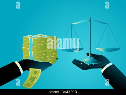 Mano che offre una pila di soldi ad un'altra mano che tiene una scala di giustizia. Simboleggiando lo scambio di denaro per influenzare la legge. Illustrazione Vettoriale