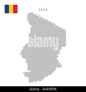 Mappa del Ciad da un modello di linee parallele inclinate nere. Mappa ciadiana con linee diagonali grigie. Silhouette di un paese fatto di schiusa obliqua. Vettore Illustrazione Vettoriale
