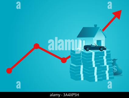 Infografica con un'icona di casa e auto in cima a una pila di soldi, con una freccia rossa verso l'alto che simboleggia l'aumento dei tassi di interesse sui prestiti, l'aumento dei costi, ri Illustrazione Vettoriale