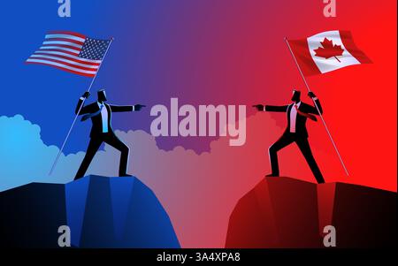 Uomini d'affari su scogliere opposte, tenendo le bandiere nazionali degli Stati Uniti e del Canada che si puntano l'una contro l'altra. Simboli di tensioni geopolitiche. Illustrazione Vettoriale