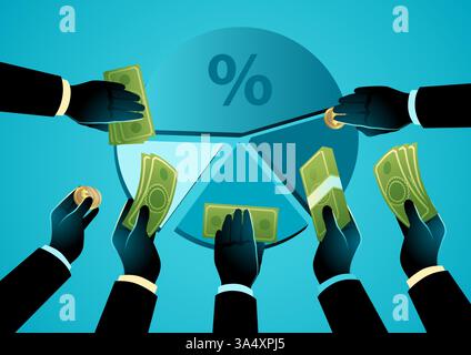 Offre denaro con un grafico circolare al centro, simboleggiando il capitale azionario, il crowdfunding, le partnership commerciali e gli investimenti Illustrazione Vettoriale