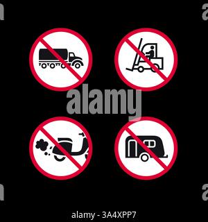 Simboli vietati, set di adesivi rotondi vietati, icone vettoriali. Illustrazione Vettoriale