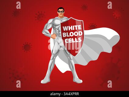 Potente supereroe vestito di bianco, con uno scudo etichettato globuli bianchi, simboleggia l'immunità, l'anticorpo e il sistema di difesa del corpo. Illustrazione Vettoriale