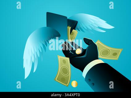 Portafoglio con ali che scivolano dalla mano di un uomo d'affari, con contante in caduta. Simboleggiando perdite finanziarie, spese eccessive, crisi economica, rischi aziendali. Illustrazione Vettoriale