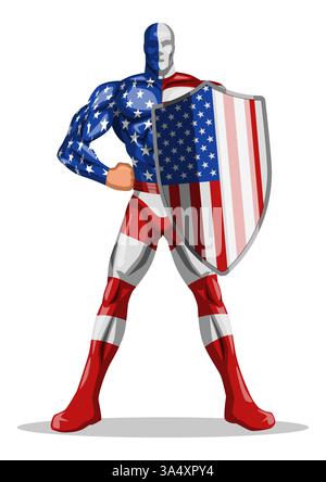 Supereroe muscoloso che indossa un costume ispirato alle insegne USA, in piedi eroicamente con uno scudo. Concetti di patriottismo, forza ed eroismo. Illustrazione Vettoriale
